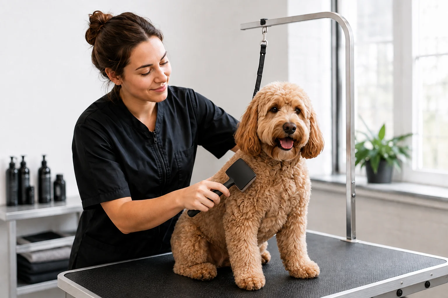Illustration of a groomer brushing a curly-coated dog in a salon